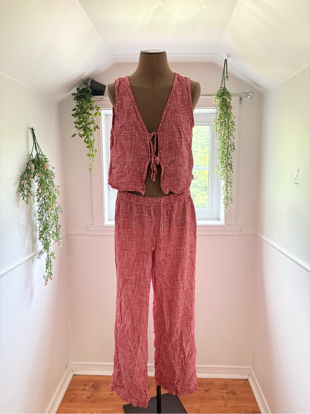 TWIK Red Gingham Matching Set with Tie-Front Top and Elastic Waist - Picture 3 of 6
